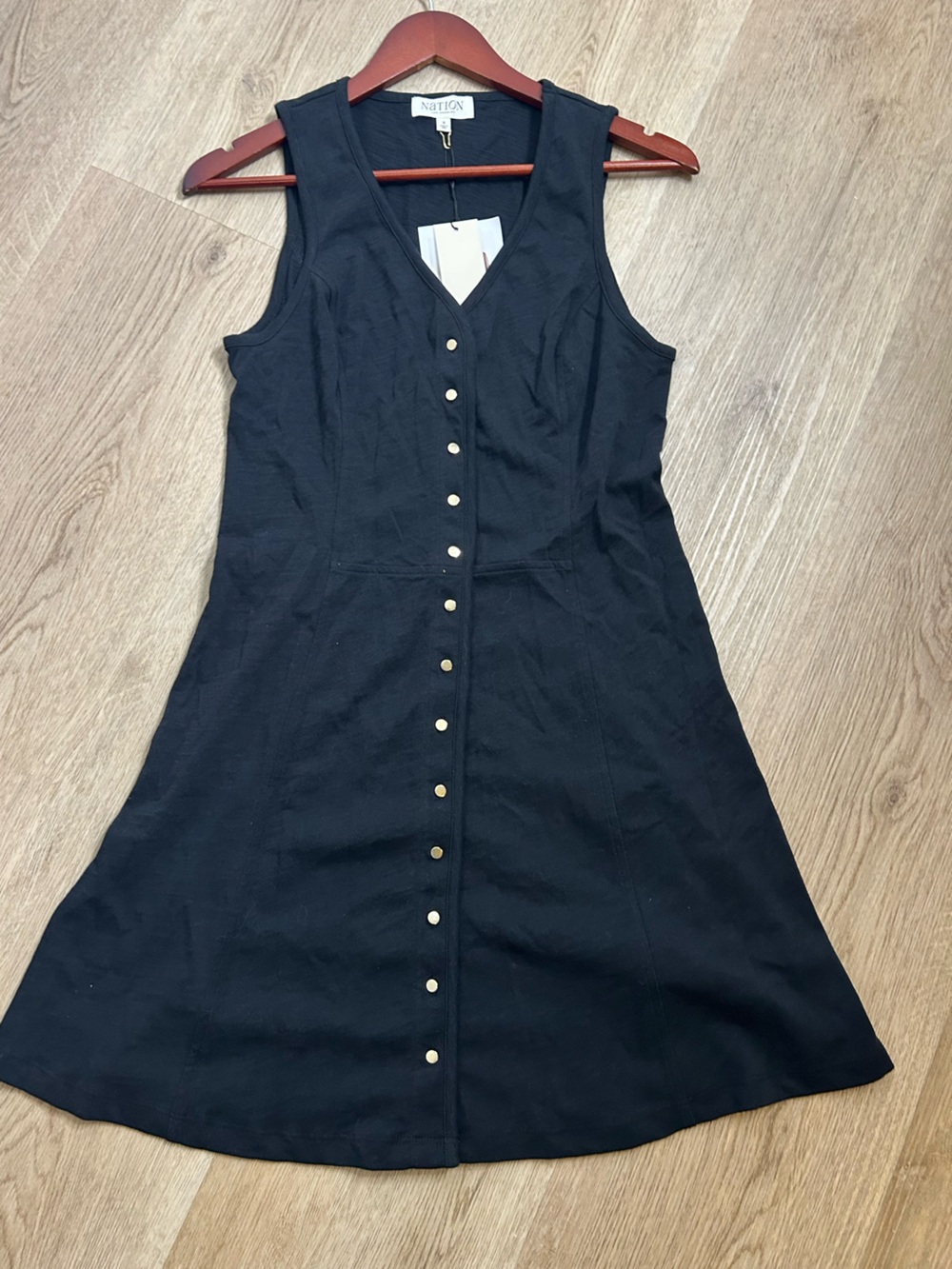 NWT Nation LA 100% Cotton Black Gold Button V - Neck Button Down Mini Dress - Picture 5 of 15